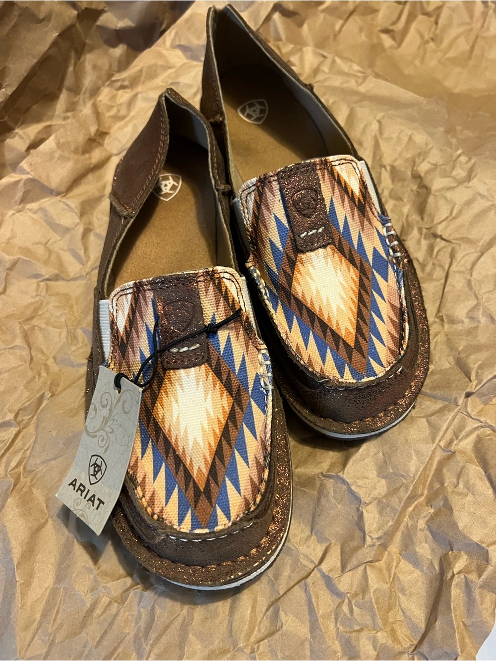 Ariat Aztec-Pattern Slip-On Moccasins in Brown and Blue